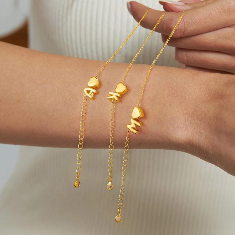 Double Layer Heart Beaded Bracelet Feature Initial Charm Letter Fashion Copper Jewelry Gift For Teen Girls Women