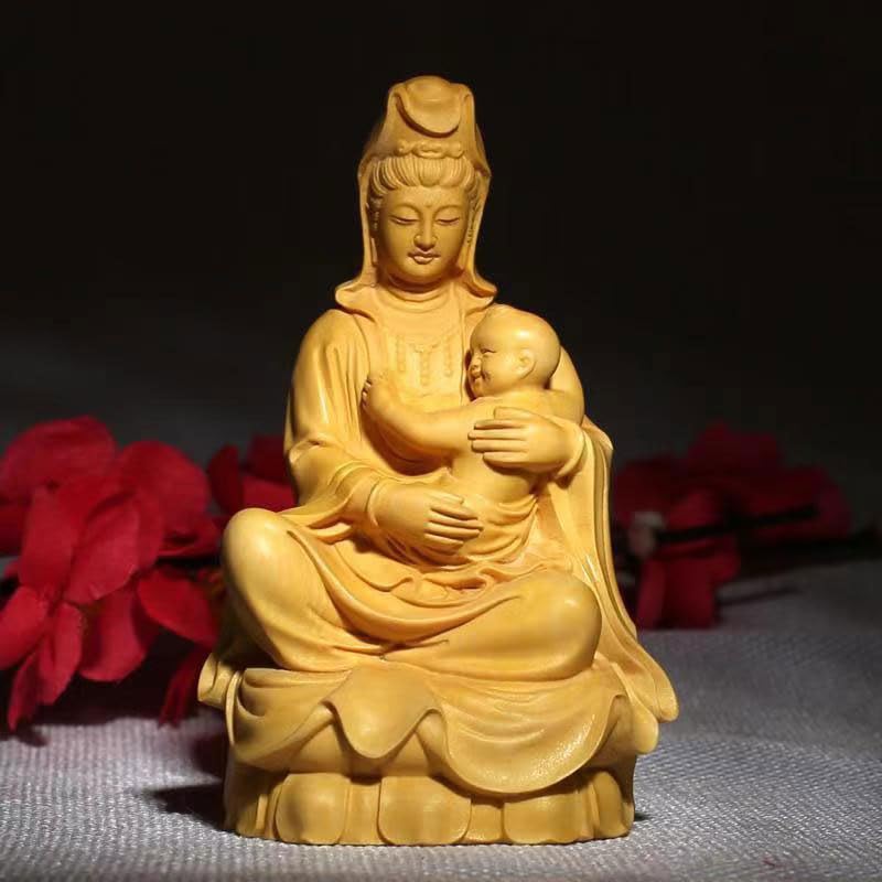Dsdsad Wooden Buddha Statue, Seated Mother Kannon, Premium Boxwood Wood Carving (10cm Tall X 5.5cm Wide) "Prayer for Safe Childbirth, Guardian of
