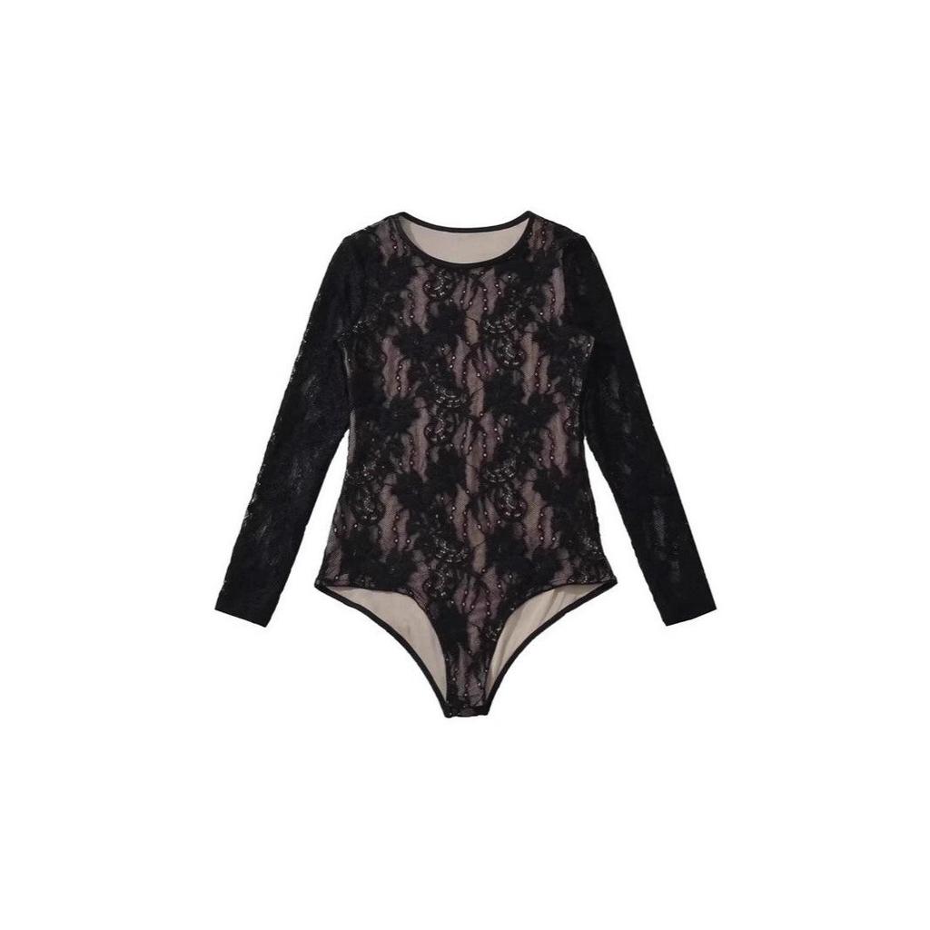 Chic Lace Patchwork Long Sleeve Bodysuit: Women's Mesh Hollow-Out Sexy Top