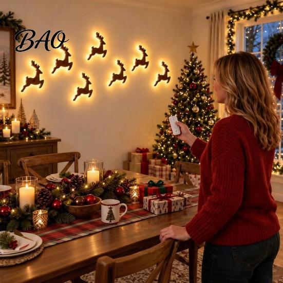 Festive LED Wall Glow Reindeer Decoration, 3D Light-Up Wooden Christmas Silhouette Lights, Warm Backlit Seasonal Interior Lighting Peel And