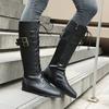 Western cowboy boots European and American belt buckle low heel flat bottom strap high boots fashion boots
