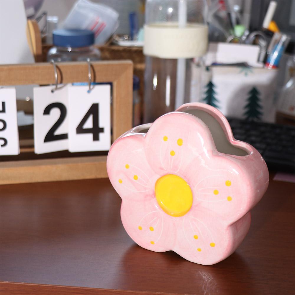 Multi-functional Ceramic Flower Shaped Vase Desktop Ornament Colorful Pen Container Makeup Brush Holder Storage Tank
