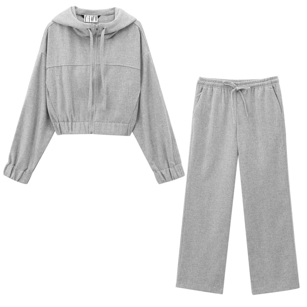ZA Women's Spring 2025 Wool Blend Hooded Jacket & Straight Leg Pants Set