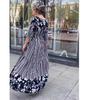 2023 Summer Floral Women's Long Dress with Waist Cinch, Round Neck, and Half-Sleeves - European and American Style