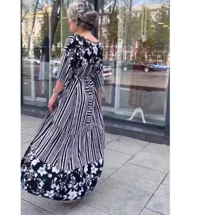 2023 Summer Floral Women's Long Dress with Waist Cinch, Round Neck, and Half-Sleeves - European and American Style