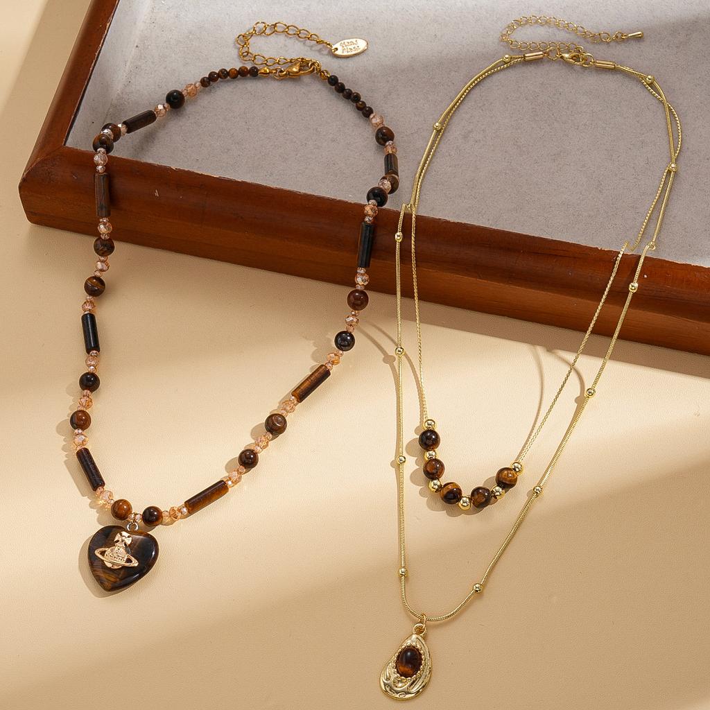 Tiger's eye stone beaded love Saturn water drop pendant sweater chain autumn and winter fashion necklace
