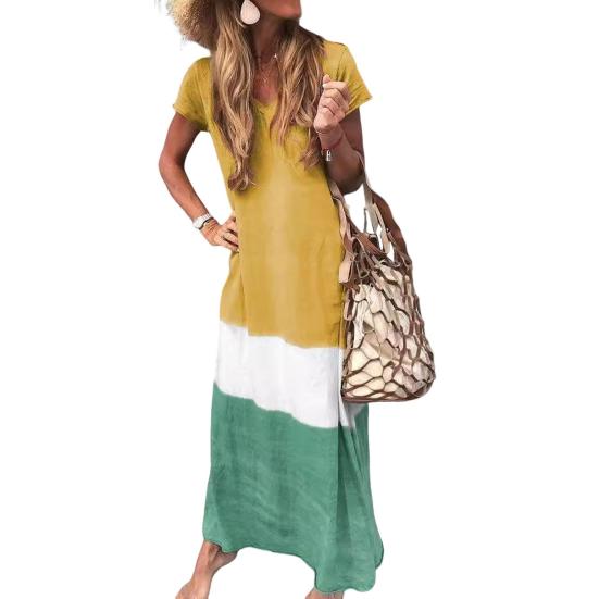 Women's Summer Long Dress Patchwork V-Neck Loose Maxi Dress Casual Short Sleeve Beach Vacation