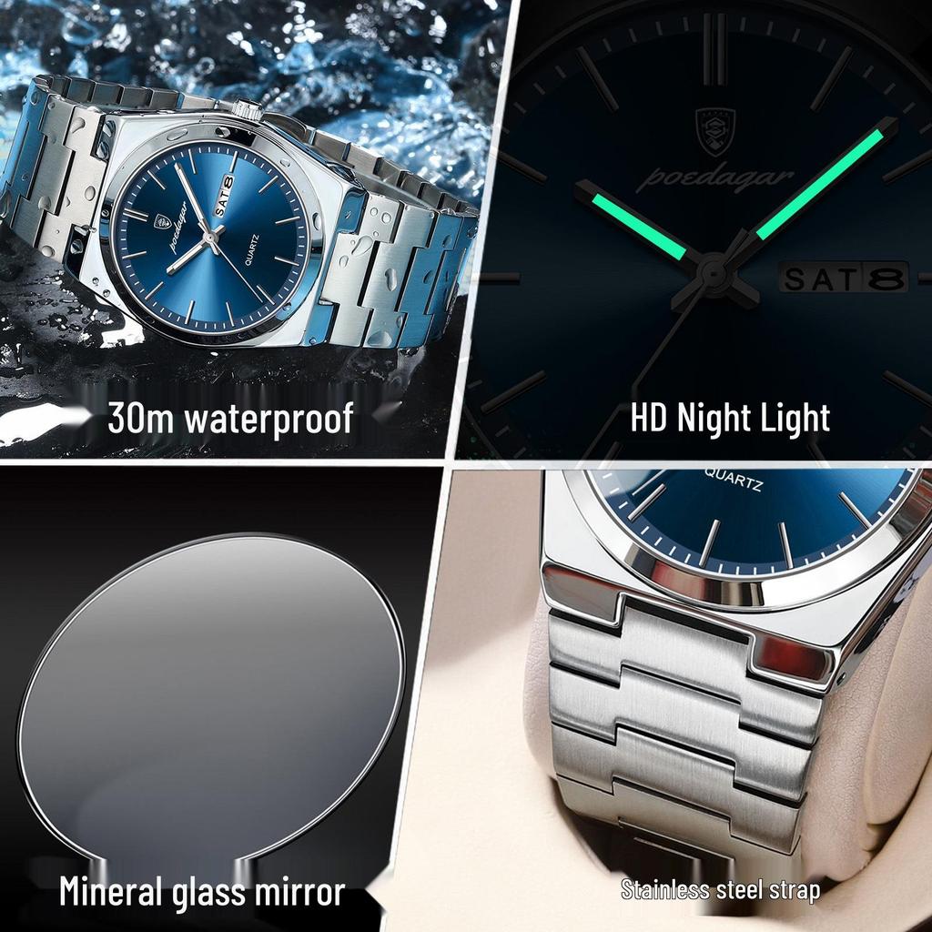 POEDAGAR Ultra-dünne Quarz-Herrenuhr Wasserdicht mit Doppelkalender - Stilvoller Bestseller