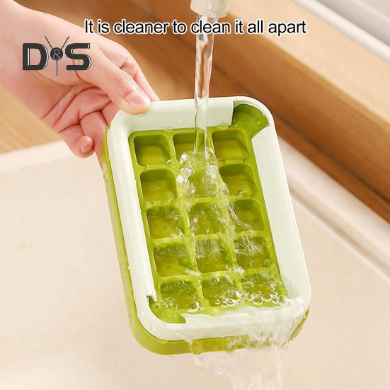 Ice Cube Tray with Lid 15 Cubes Ice Grid Easy-Release Silicone Bottom Stackable Ice Trays for Freezer