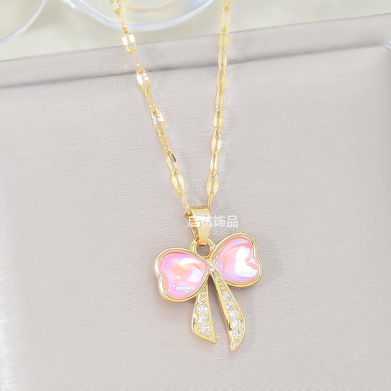 Bow Necklace Women'S Light Luxury Simple Magic Stone Pendant