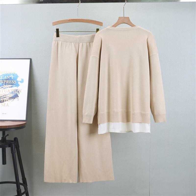 Autumn Women's Plus Size Fashion Casual Set Round Neck Loose Sweatshirt Wide Leg Pants Suit
