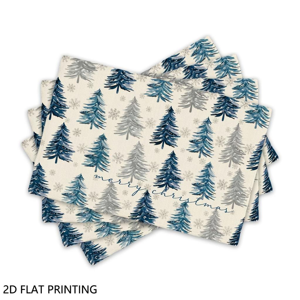 4pcs/6pcs, Christmas Blue Watercolor Pine Table Mats, Home Kitchen Placemats, Suitable for Farmhouse Table Mats, Home Kitchen Decorations, Holiday Dec