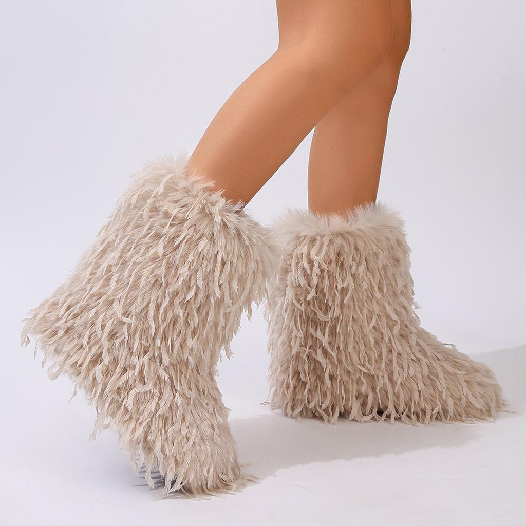 Furry Faux Fur Boots for Women Fuzzy Fluffy Mid Calf Snow Boots Winter Suede Warm Fur Lined Booties Flat Boots Women's Casual Ankle Booties Shoes