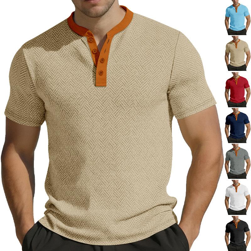 European and American Men's Clothing Summer Short-sleeved Casual Loose Breathable Towel Jacquard Cloth Button-up Men's Shirt Henry Shirt
