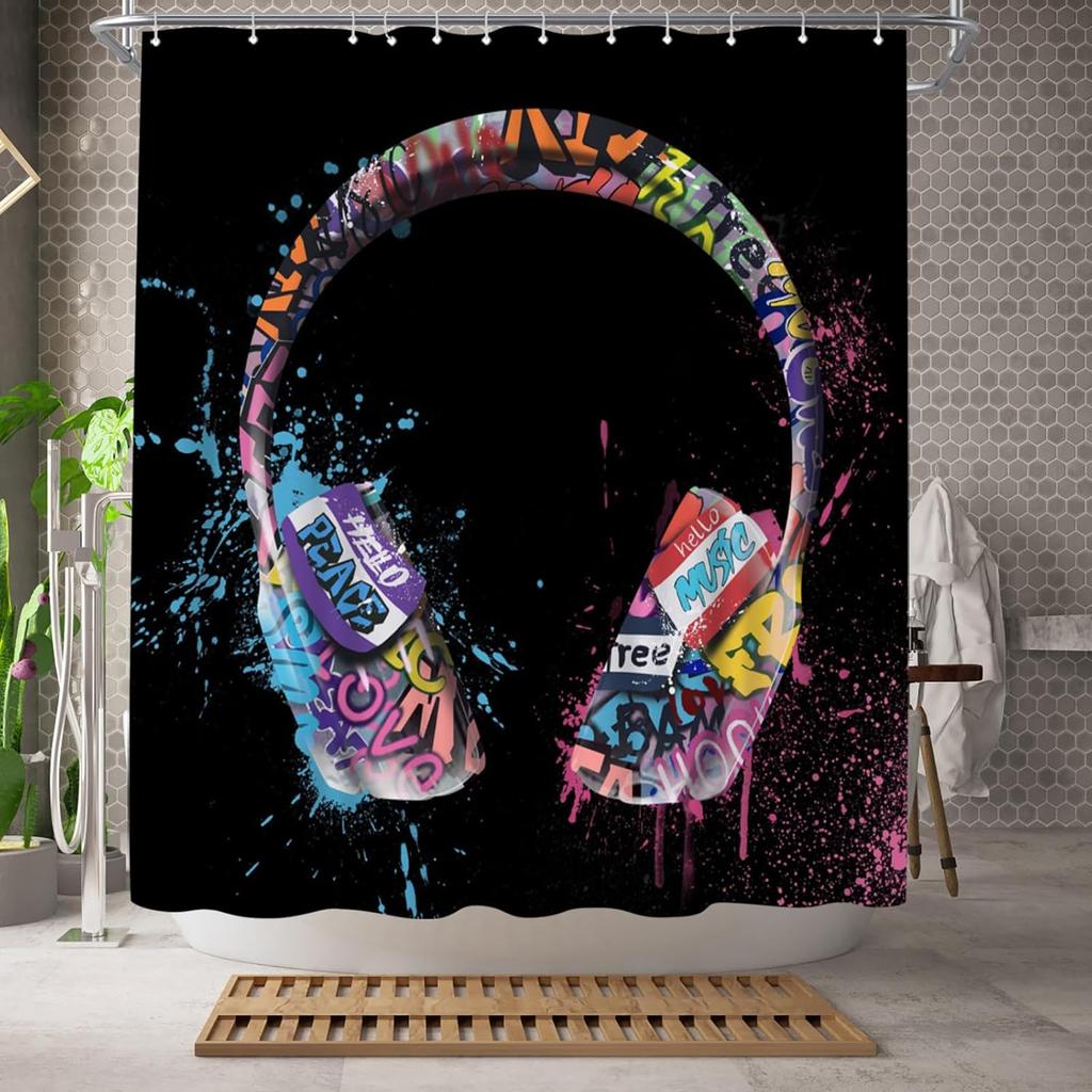 music shower curtain graffiti dj music headphones boy shower curtain 180x 180cm polyester fabric bathroom decoration