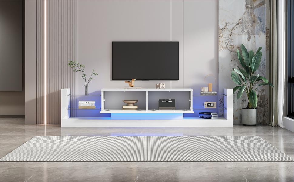 High-Gloss TV Cabinet with LED Lighting, 181 Cm – For TVs Up To 80 Inches, Glass Front, Two Folding Drawers