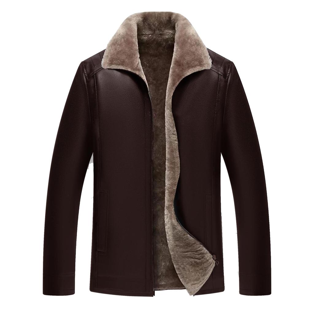 Autumn New Fur One-piece Retro Men's Leather Jacket Leather Jacket Dad Casual Velvet Thickened Jacket Trendy Brand Men