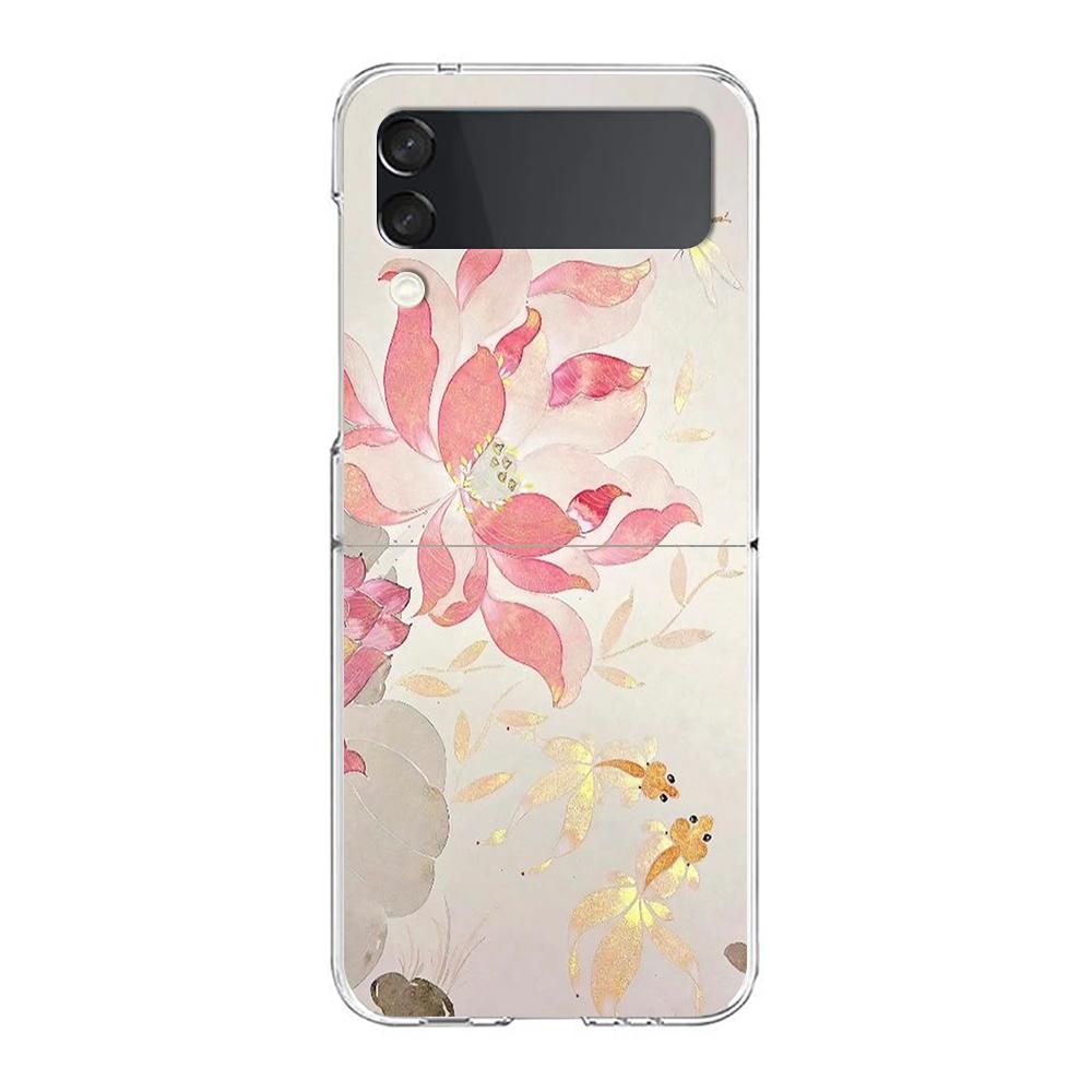 Transparent Phone Case For Samsung Galaxy Z Flip 3 4 5 6 7 Hard Folding PC Z Flip3 Flip4 Cover Flower Cute Fairy Fish Painting