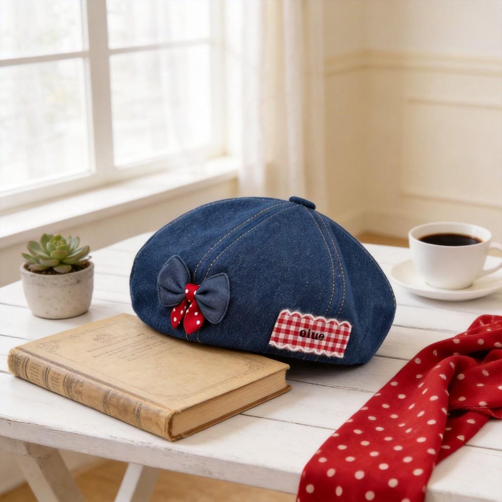 Denim Beret Hat For Women With Bowknot And Star Pattern Summer Fall Chic Style