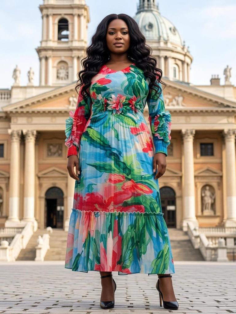Elegant Floral Plus Size European & African Pleated Loose Dress for Women