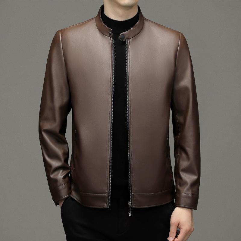 Новый год кожаная куртка мужская воротник стойка тонкая стираная искусственная кожа — фото 3