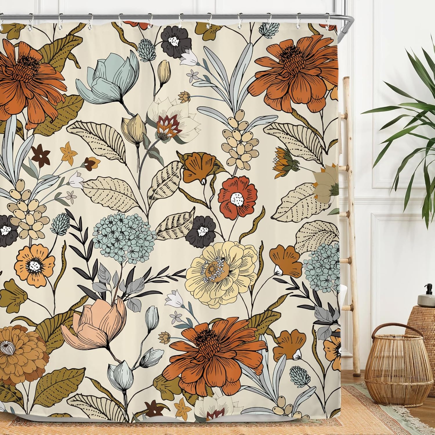 

Abstract Minimalist Aesthetic Contemporary Shower Curtain Set 60Wx71H Inches Art Geometric Orange Leaves Plant Modern Polyester 90x180CM