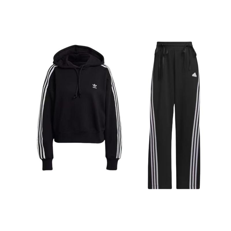 

Adidas Casual Sports Hoodie Vintage Striped Color Block Loose Fit Sweatpants Set Unisex Sweatshirts Black JI9777+GN2890 S
