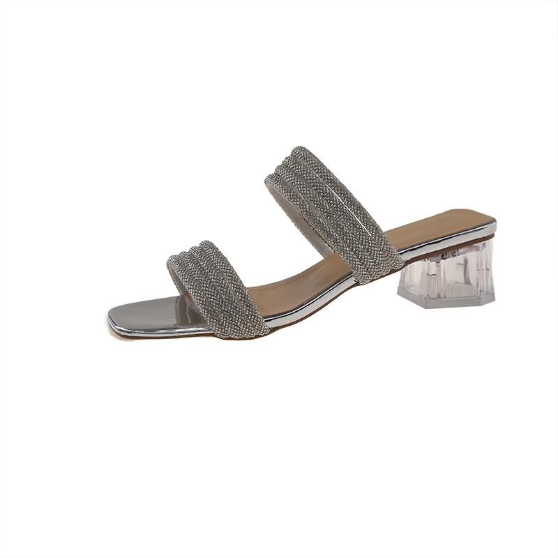 Fashion Summer New Style Slippers Women's Fashion Square Head Light Mouth Glitter Line with Anti-slip and Wear Heel Shoes