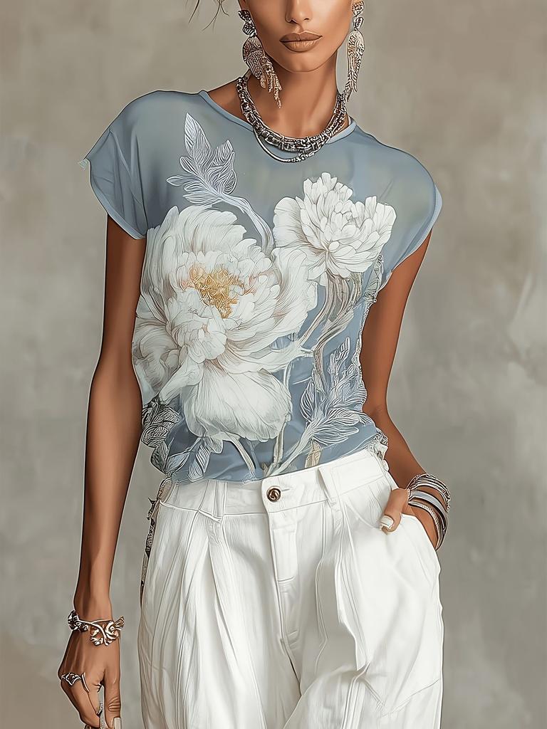 New European and American summer flower print short-sleeved t-shirt top