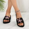 Zwarte Stoffen Band Zachte Zool Sleehakken Slides Vrouwen 2025 Zomer Roze Glitter Bloem Decoratie Slippers Sexy Strand Sandalen