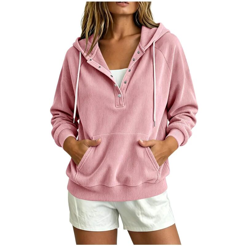 Damen Halbknopf Kapuzenpullover Kordelzug Langarm Kängurutasche Locker Lässig Pullover Einfarbige Tägliche Streetwear Sweatshirt
