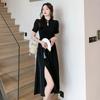 New Chinese-style Improved Cheongsam Dress for Women's Summer Large Size Black Pendulum Side Slit Short-sleeved Small Black Dress