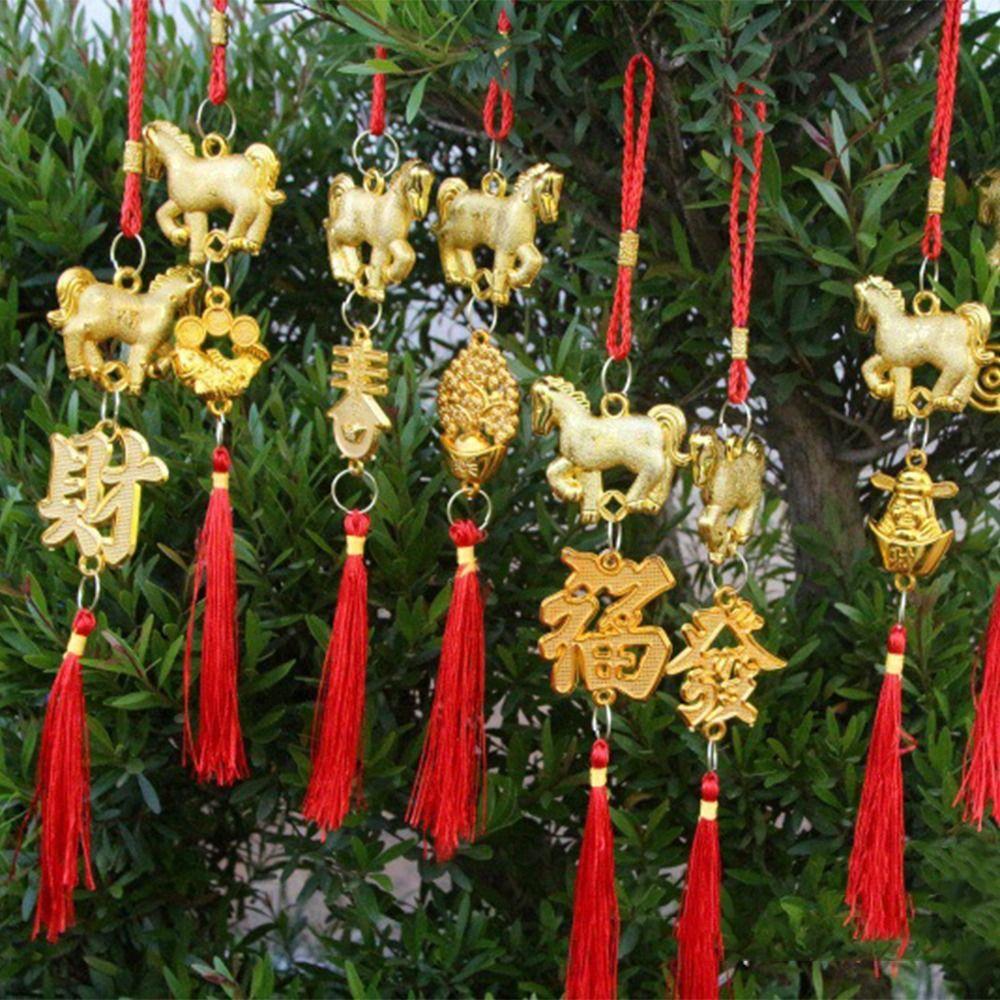 Red Gold Color Spring Festival Pendant with Tassel Zodiac Horse Pendant  Wall Hanging Ornament