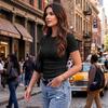 Women's Stretch Ribbed Short Sleeve Round Neck Slim Fit T-Shirt