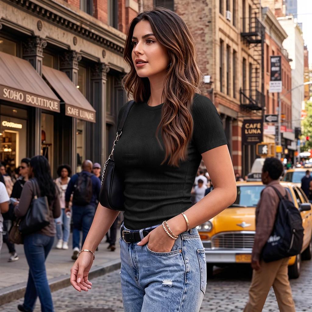 Women's Stretch Ribbed Short Sleeve Round Neck Slim Fit T-Shirt