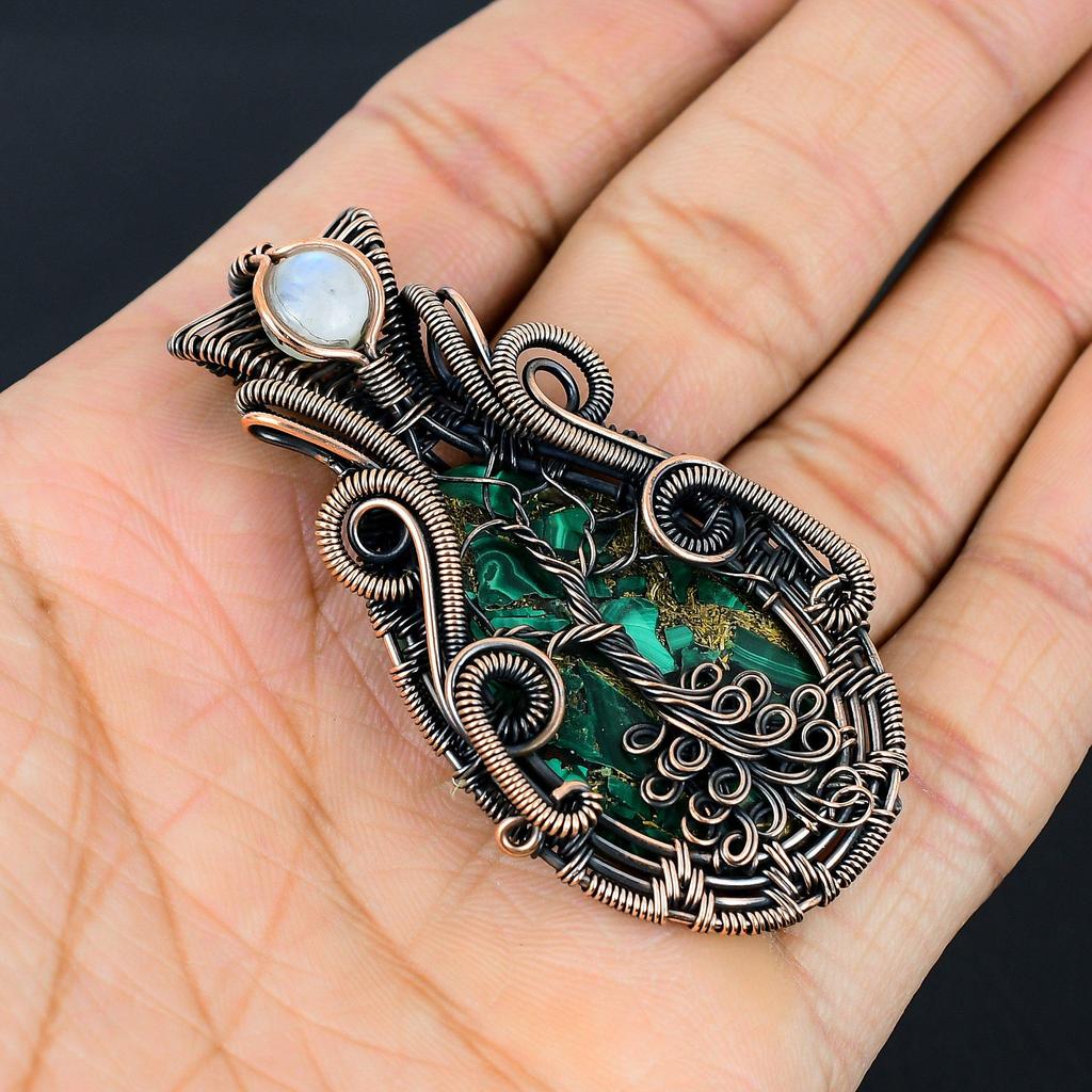 Copper Malachite & Moonstone Gemstone Pure Copper Wire Wrap Handmade Jewelry Pendant