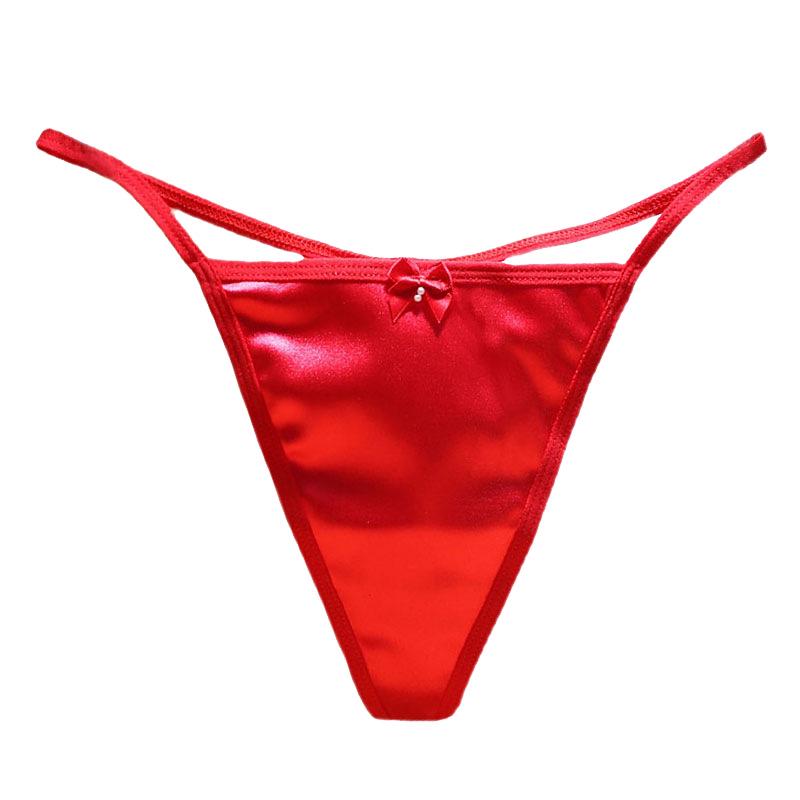 Luxury Satin Seamless Thongs: Sexy Low-Waist Pearl Bow Design with Pure Cotton Crotch