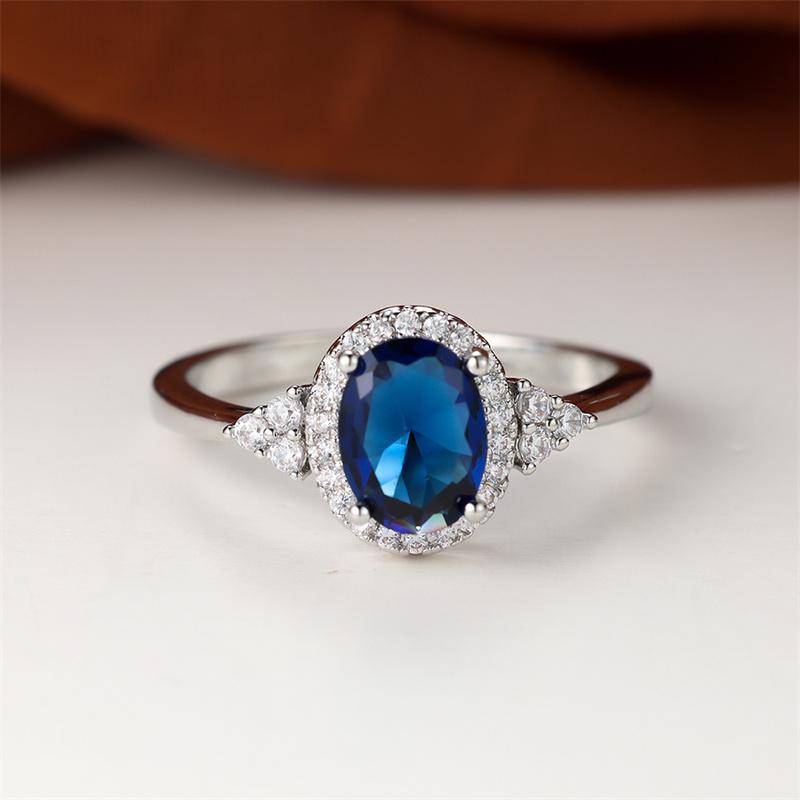 1 stk Sølvfarge Oval Cut Blåstein CZ Kloringer Bryllupsband Smykker Valentinsdagsgaver