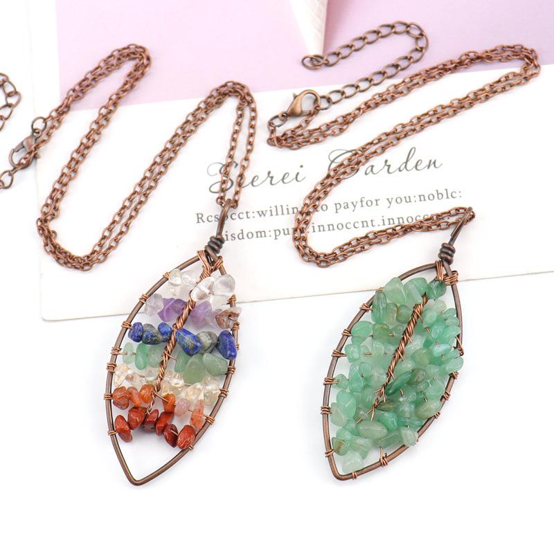 Handmade Winding Curved Leaves Natural Gravel Tree Of Life Crystal Lucky Tree Necklace N05