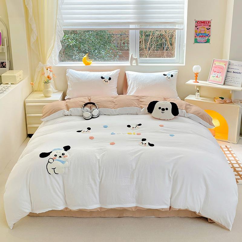 Ultra-soft Pure Cotton Four-piece Set Solid Color Soft and Comfortable Embroidered Four-piece Set Cartoon Skin-friendly Breathable Bedding