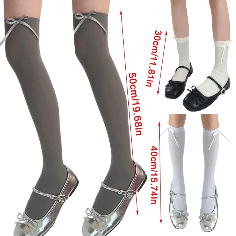 Ballett Elegante Samt Over-the-Calf Lange Socken für Damen Mädchen Süße Band Schleife Einfarbig Oberschenkelhohe Strümpfe