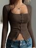 European & American Women's Long Sleeve Square Neck Knit Top with Buttons - Slim Fit, Solid Color for Autumn & Winter.
