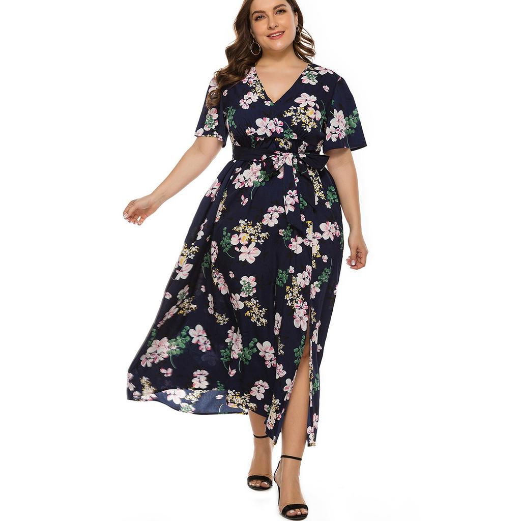 Women Plus Size Print Shourt Sleeve Fashion V-Neck Knee Length Dress