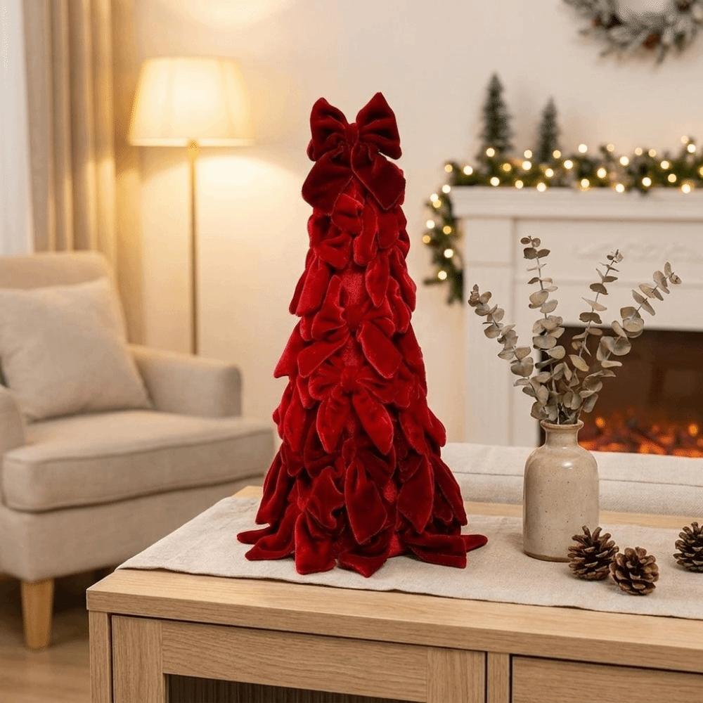 Soft Bow Tree Tower Handmade Craft Holiday Tabletop Decoration Velvet Bow Christmas Tree  Party