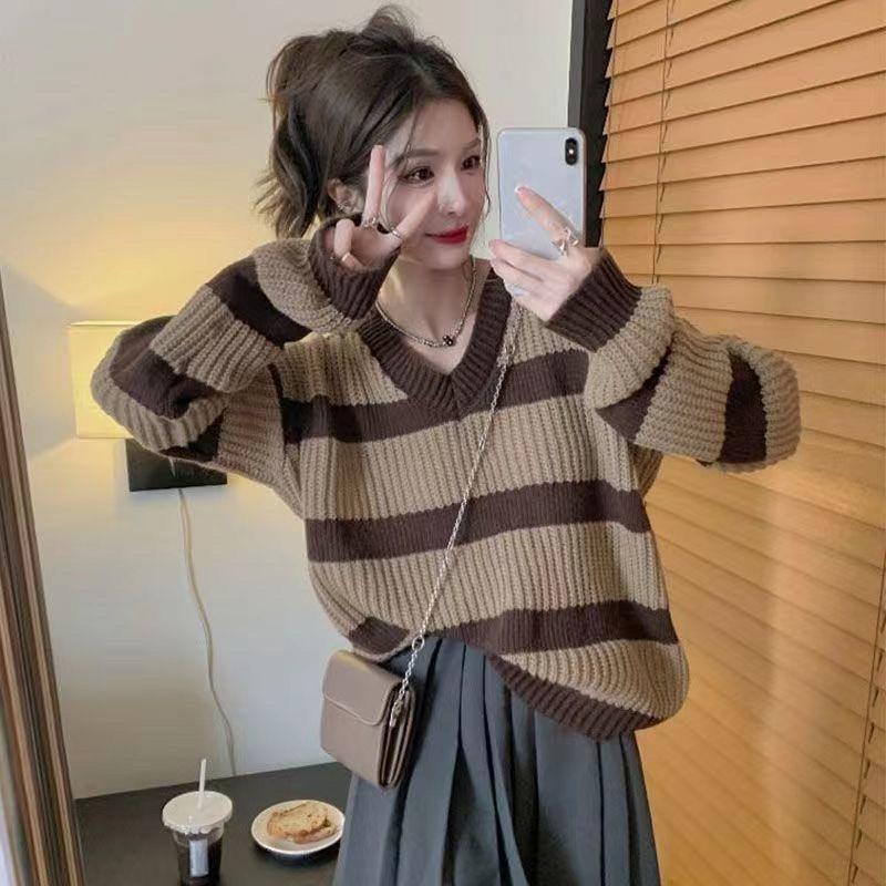 V-neck Striped Sweater Women's Japanese Languid Vintage Early Autumn Knit Top