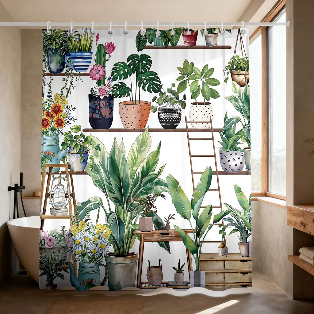 1Pc Green Plant Flower Pot Print Shower Curtain Multiple Size Partition Privacy Hanging Curtain 12 Hook Home Bathroom Decoration