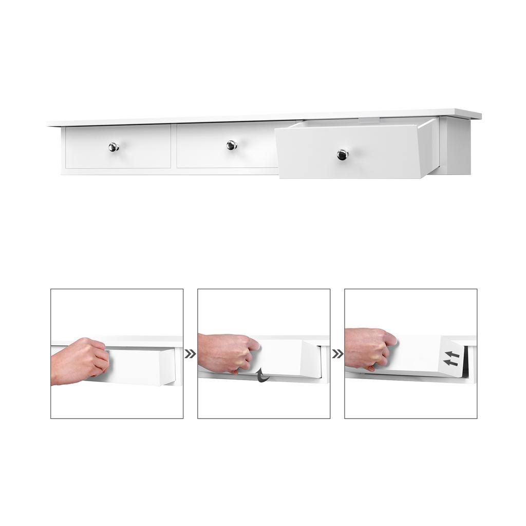 SONGMICS Floating Wall Shelf with 3 Drawers, Hallway Storage Shelf, 80 x 15 x 10 cm, Living Room, Bedroom, Kitchen, High Gloss Paint, White
