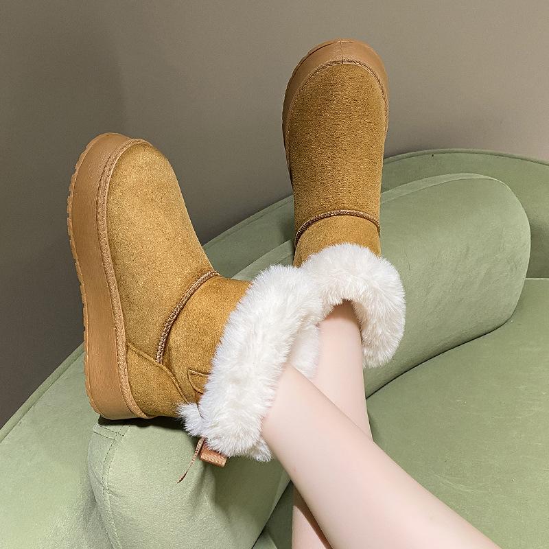 Fleece Thickened Snow Boots Winter New Thick-soled Fluffy Mouth Bow Warm Large-size Cotton Shoes