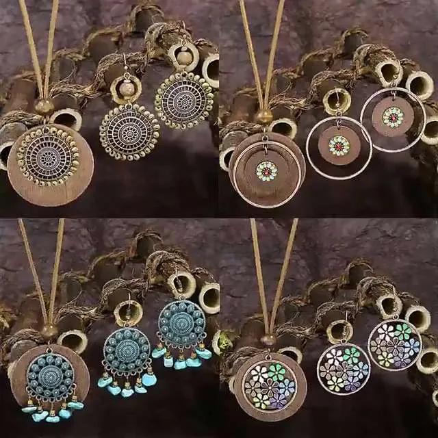Ethnic Retro Alloy Wood Pendant Necklace Earring Set