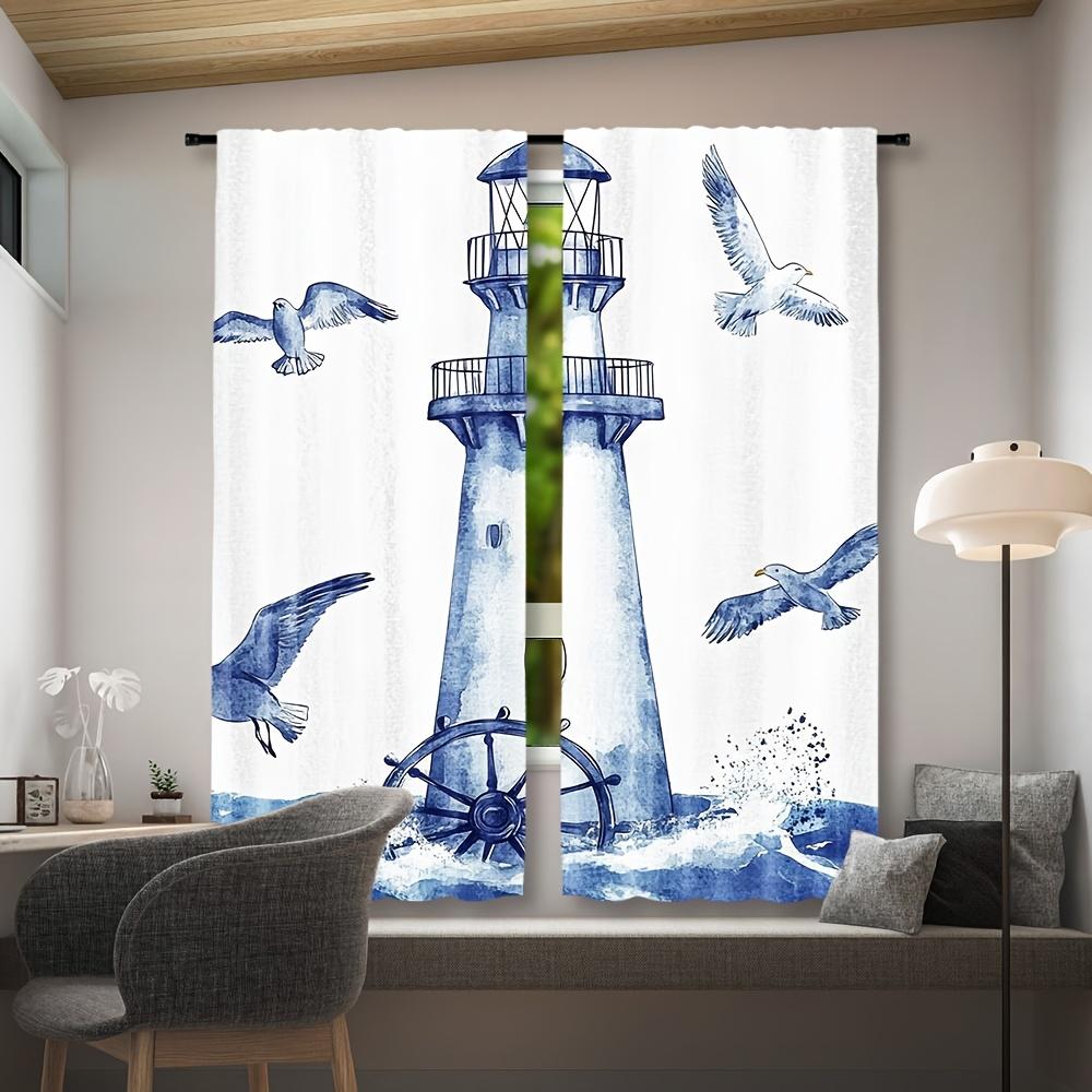 2Pcs Nautical Lighthouse Watercolor Gull Anchor Theme Polyester Curtains, Contemporary Style, All-Season, Machine Washable, Deco
